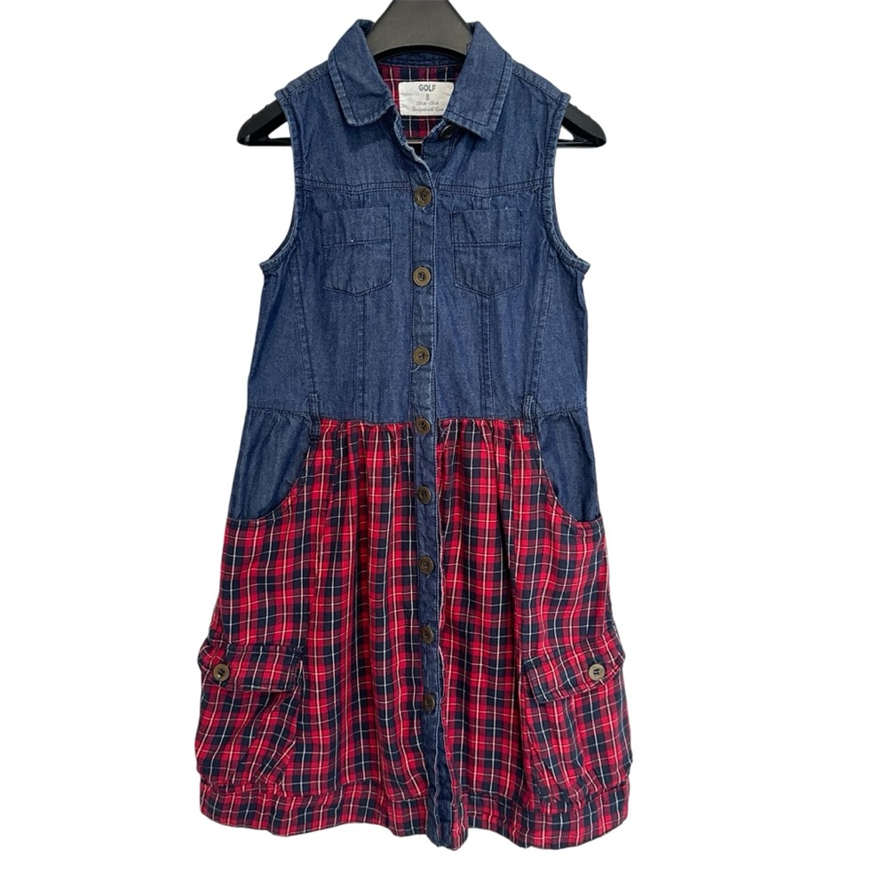 Girls Plaid And Denim Button Up Dress